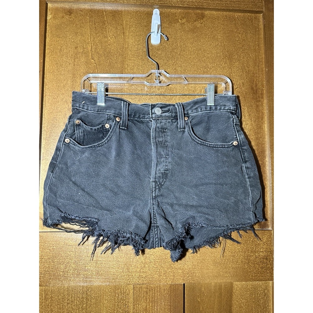 Levis 501 Original Shorts Womens W28 Black Distressed Raw Hem Denim Cutoff 30